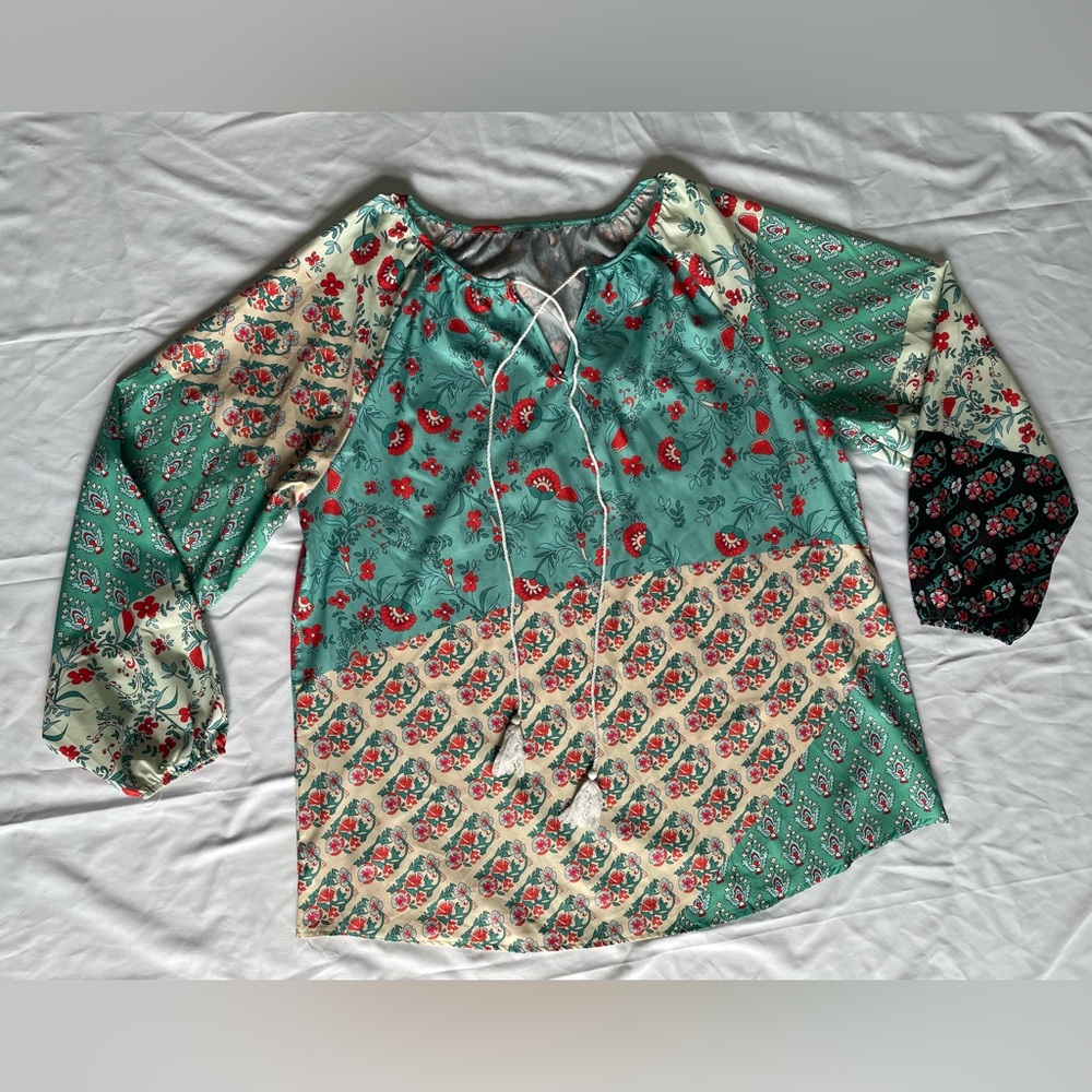 Patchwork Boho Peasant Blouse Top 2XL Floral Spring Balloon Sleeve Casual Tassel